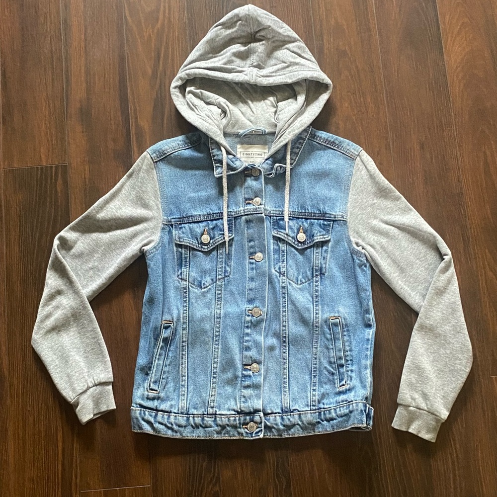 Ardene Light Blue Denim Jacket with Gray Hoodie Sleeves